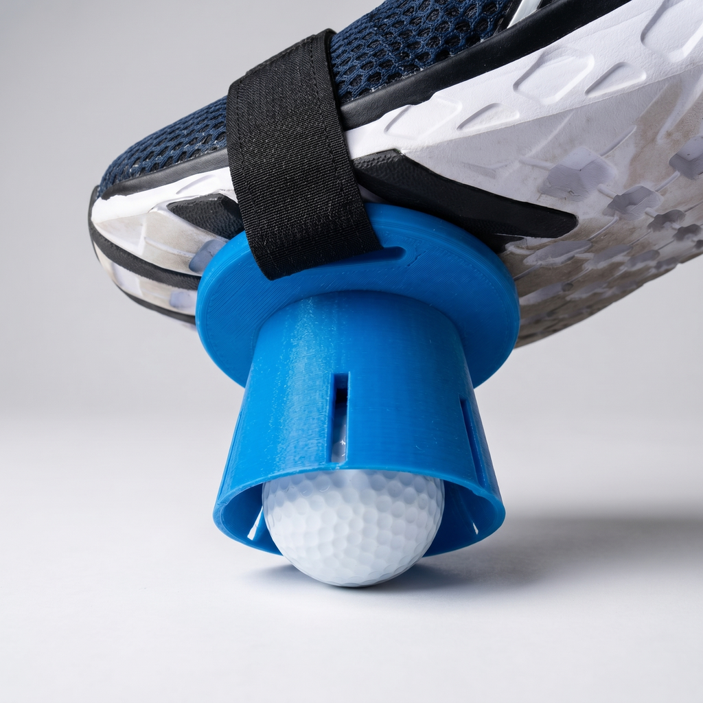 Ball Foot golf ball retriever strapped on a golf shoe holding a golf ball